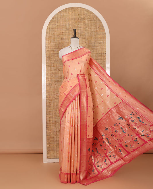 Peach zari & thread buttas woven tissue silk saree, contrast muniya temple border, paithani-style design pallu & contrast zari buttas blouse