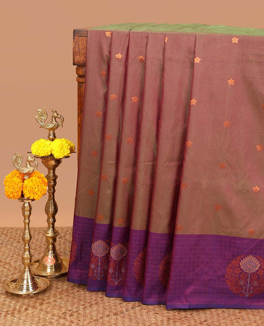 Green with purple star zari butta soft silk saree with contrast small checks border & rich weaving pallu along with butta design blouse