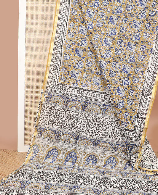 Sandal floral design machine printed kalamkari cotton saree with contrast zari border & floral design pallu