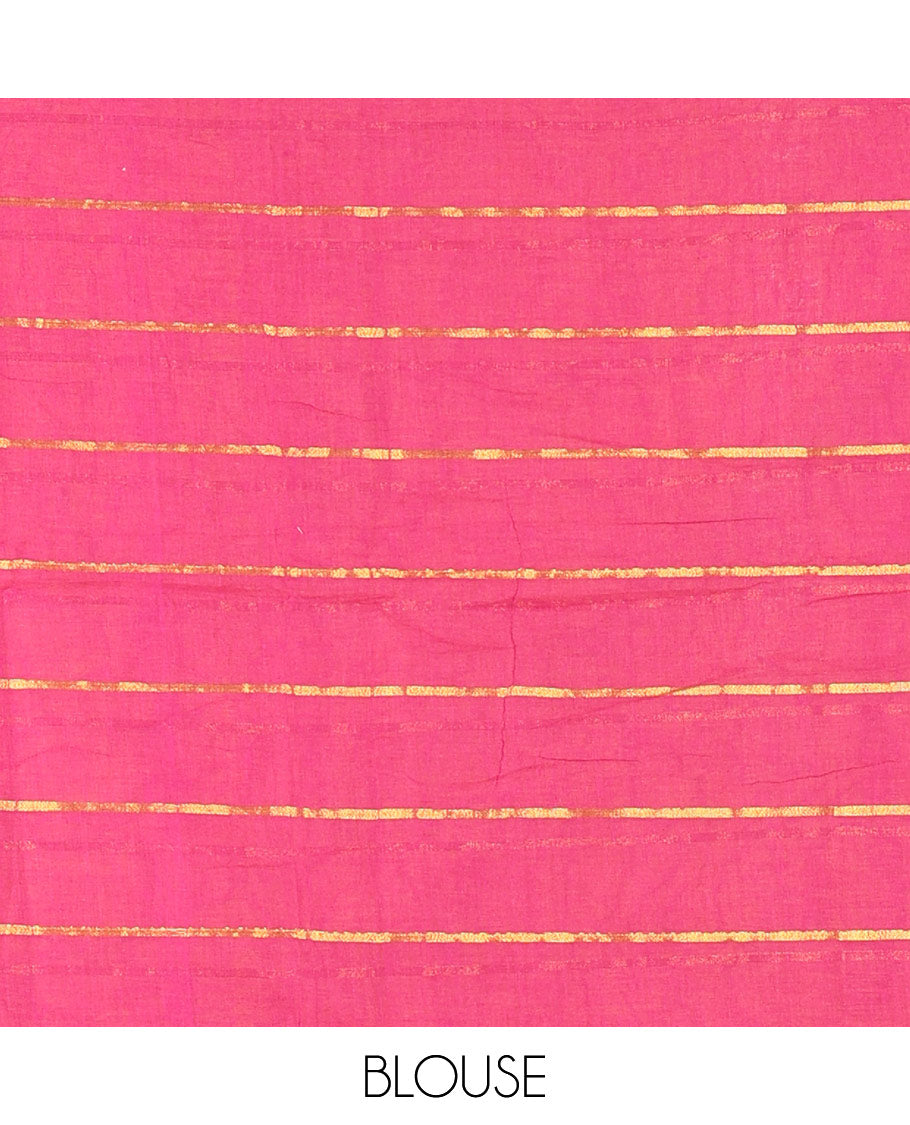 Orange and Pink Khadi Mul Cotton Saree, Decked Up with Horizontal Zari Stripes on Its Body, Zari Piping Border, Subtly Striped Pallu, and Paired with a Contrast Blouse