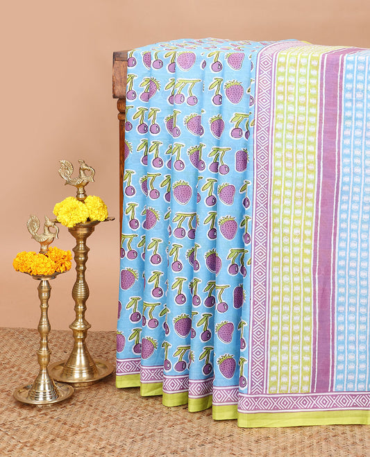 Blue with purple strawberry, cherry print mul mul cotton saree with contrast geometric printed border