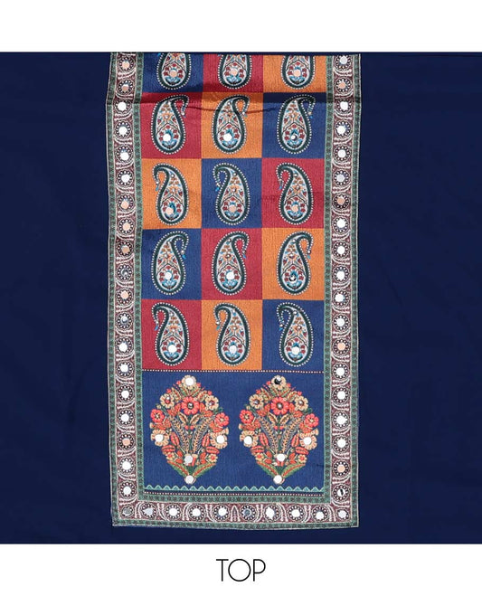 Blue chudidhar material set floral thread embroidered with mirror work top, plain bottom & floral design, mirror work dupatta