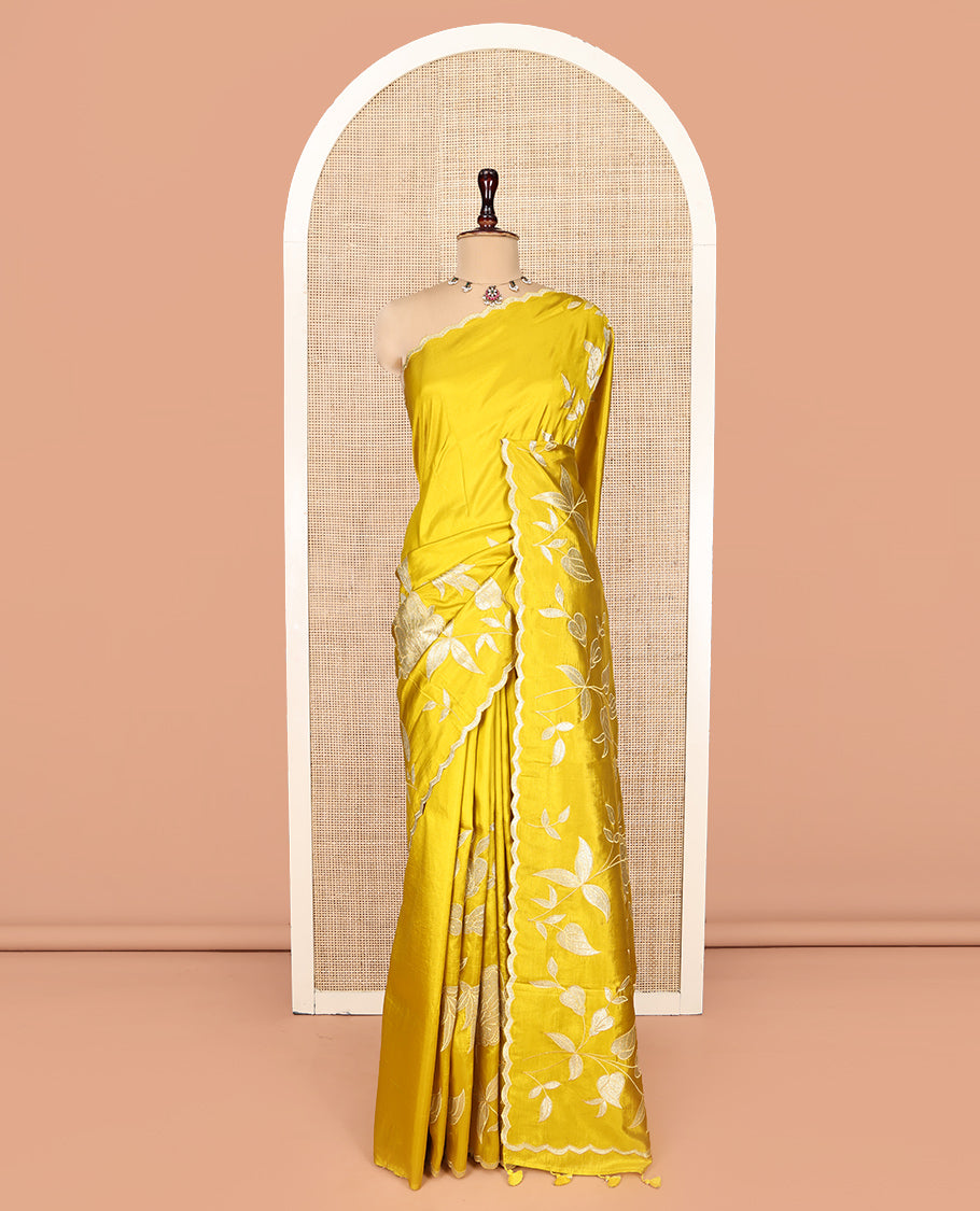 Mustard Yellow Dupion Silk Saree, Delicately Decked Up with Floral-Leaf Vine Embroidered On Its Body, Subtle Scallop Border, Artfully Floral Embroidered Pallu, and Paired with a Plain Blouse