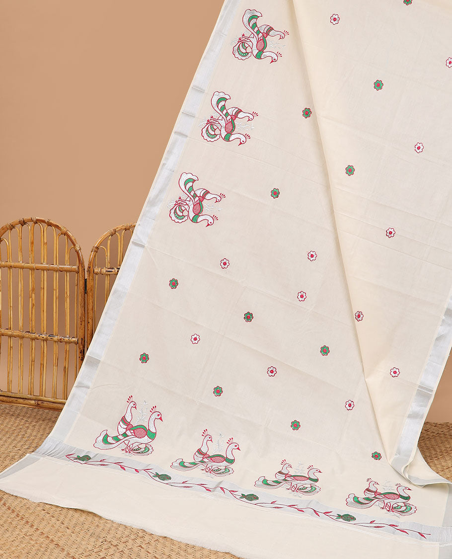 Cream peacock embroidered motifs kerala saree, plain border & pallu of peacock embroidery