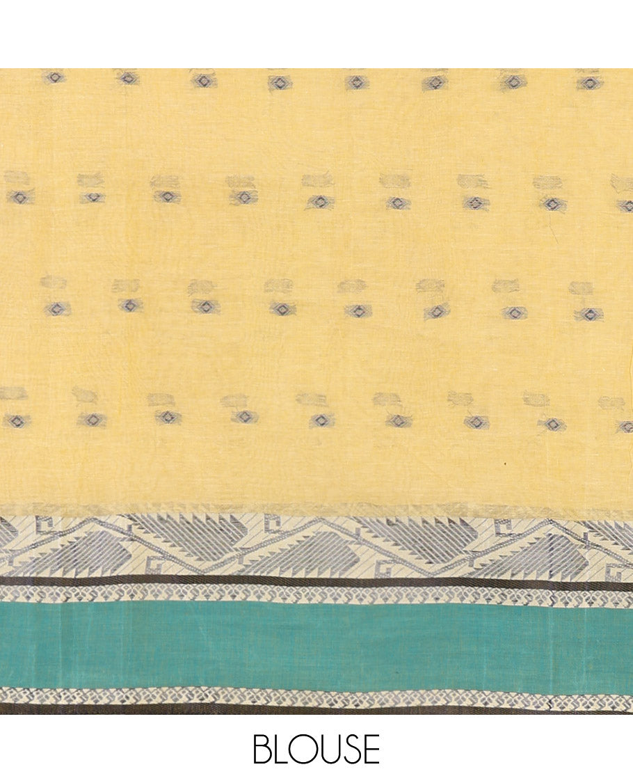 Yellow Bengal Cotton Saree, Subtly Sparkled with Thread Buttas on Its Body, Complemented by Contrast Thread Border of Floral Creeper Designs, Pallu of Stripes and Buttas, and Paired with a Matching Blouse