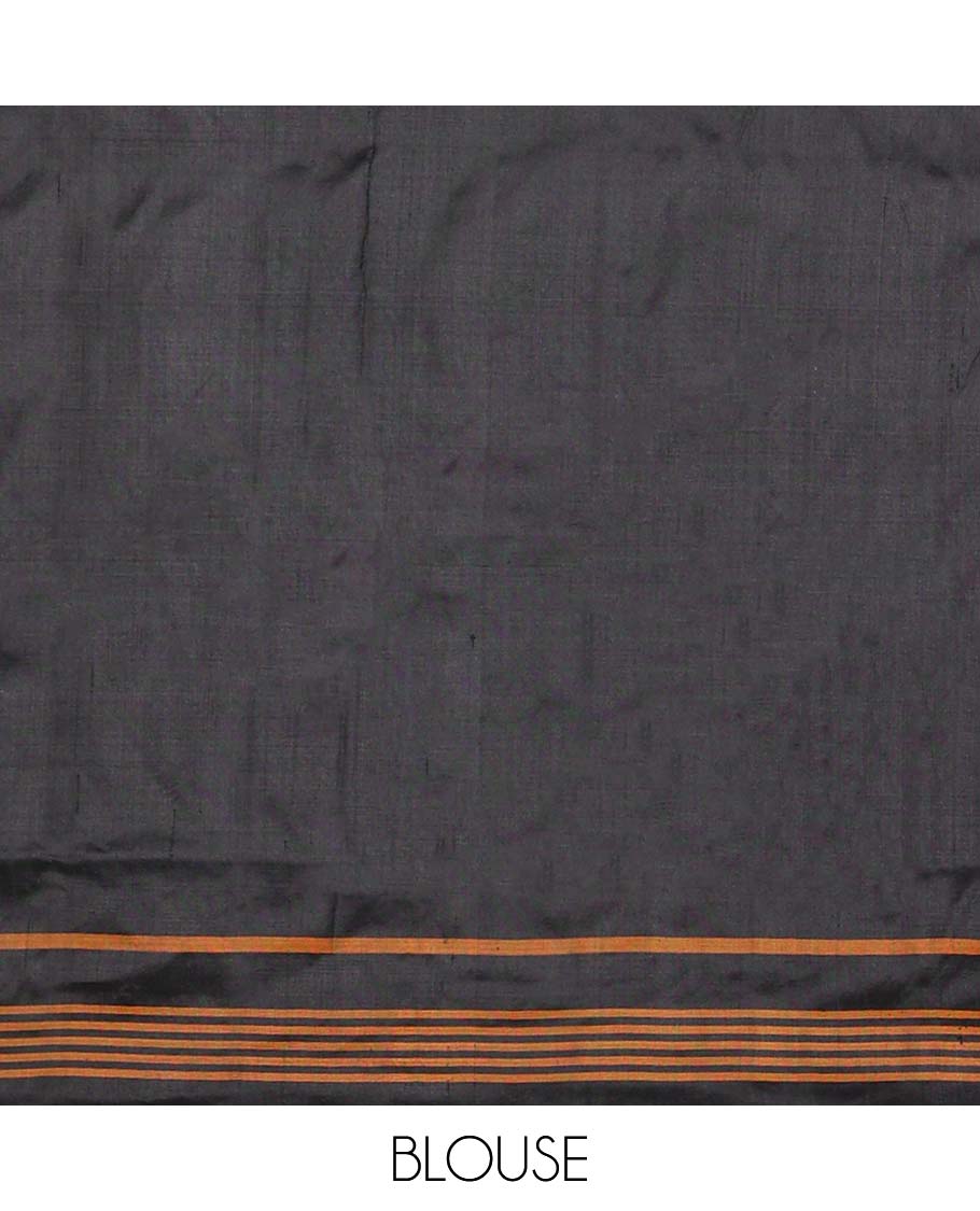 Grey ogee design ikkat silk saree with contrast striped border & striped, intricate design pallu