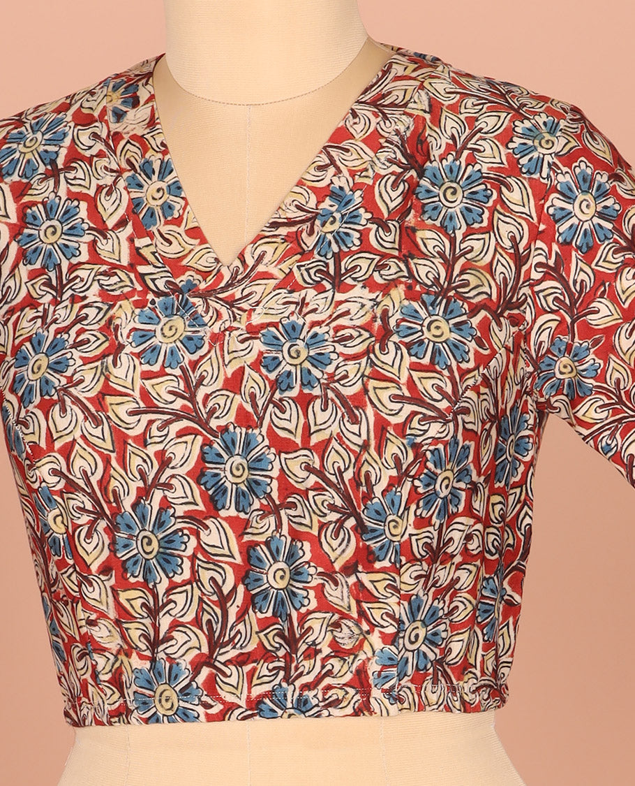 Red Readymade Blouse Gracefully Printed with Floral Motifs, Featuring a Front V-Neck, a Back Closed Neck, and Full Sleeves