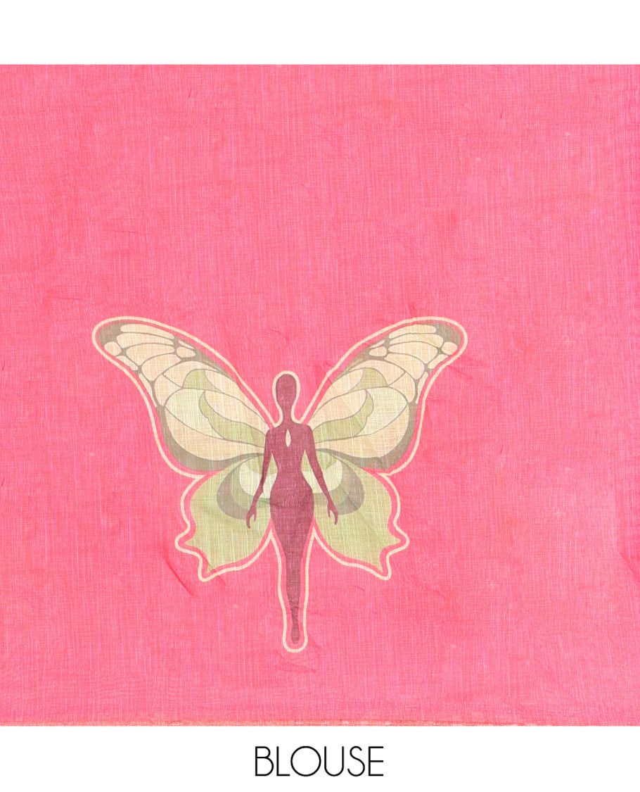 Green Linen Cotton Saree, Adorned with Butterfly Buttas All Over Its Body, Subtle Piping Border, Pallu of Butterfly Print, and Paired with a Contrast Fairy Motifs Printed Blouse