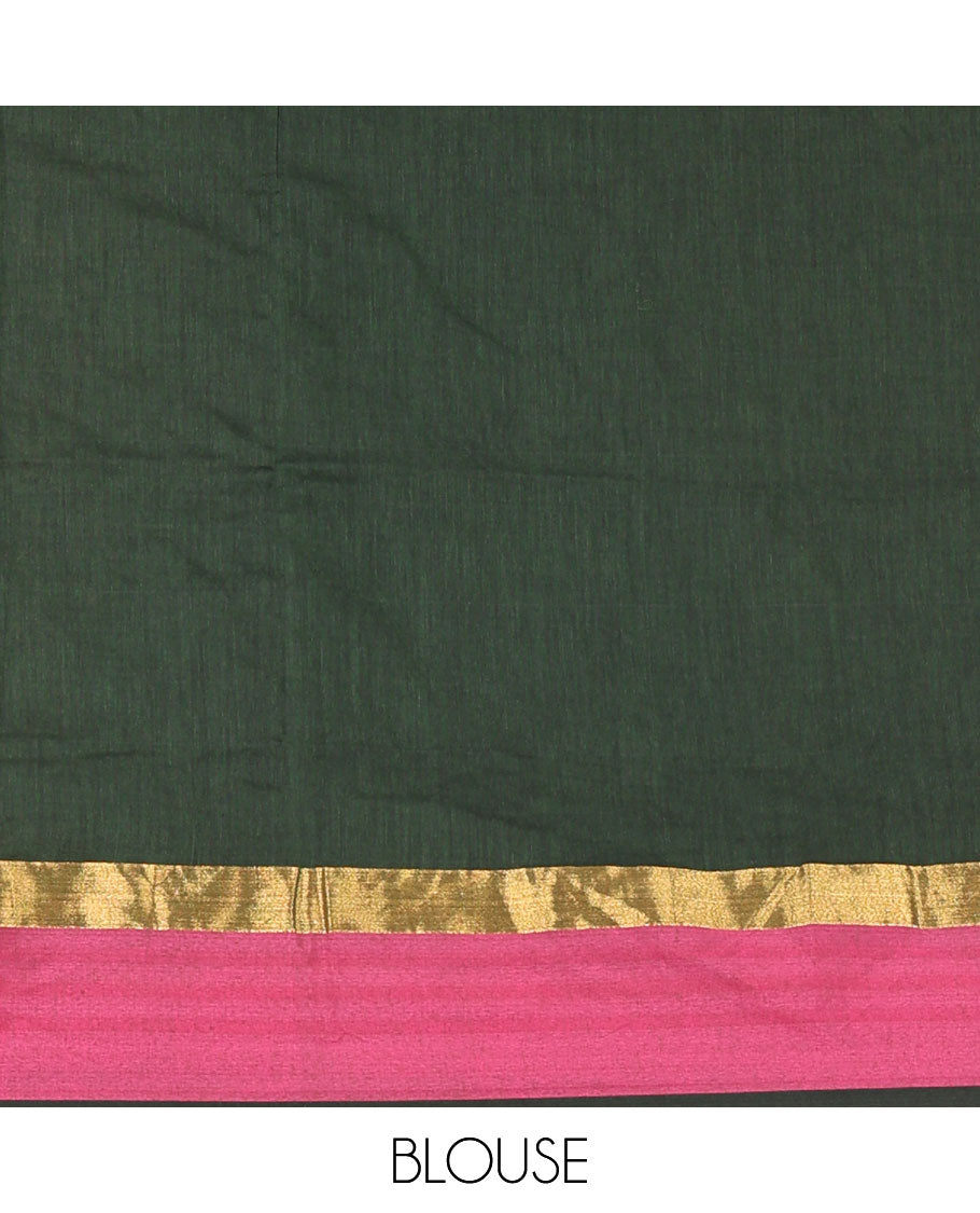 Green Plain Khadi Mul Cotton Saree, Complemented by a Contrast Pink Zari Border, Plain Pallu, and Paired with a Matching Blouse