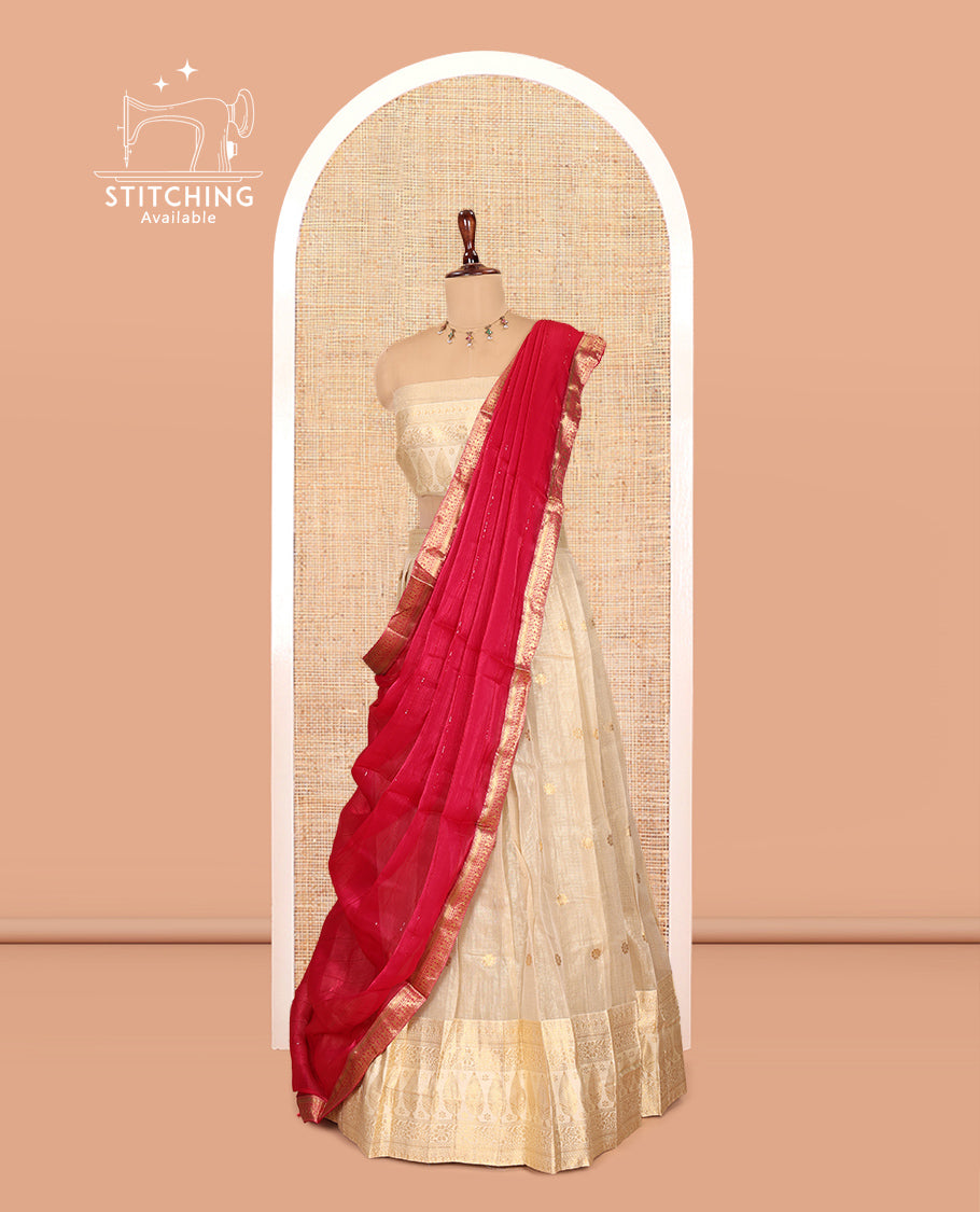Chikku-Rani Pink Banaras Kota Half-Saree, Zari Buttas Skirt, Traditional Border, Matching Blouse, Contrast Organza Sequins Dhavani