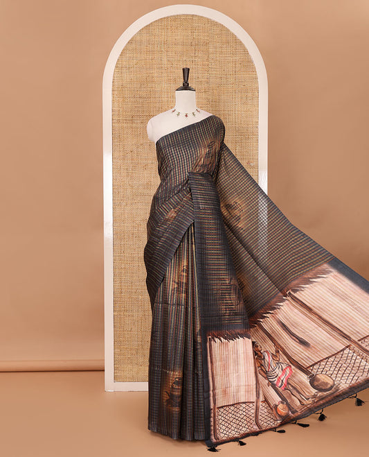 Borderless dark brown checked & clay pot motifs printed fancy tussar saree, contrast women with a pot printed pallu & pot printed blouse