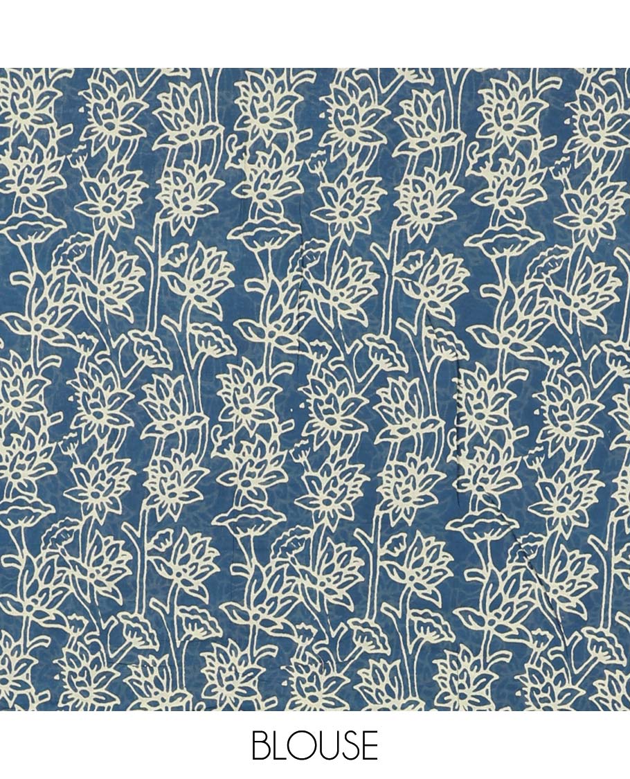 Blue leaf motifs mulmul cotton with self geometric border & geometric design pallu