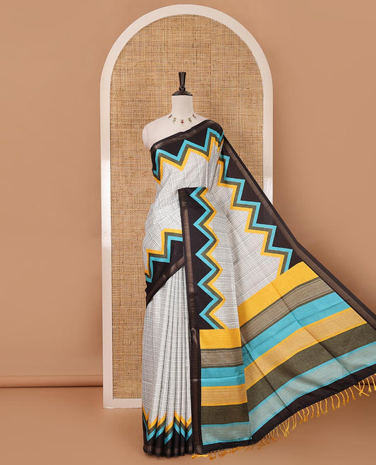 Metallic grey checked katan silk saree, contrast black-blue temple border, multi-color blocked pallu & stripes printed blouse