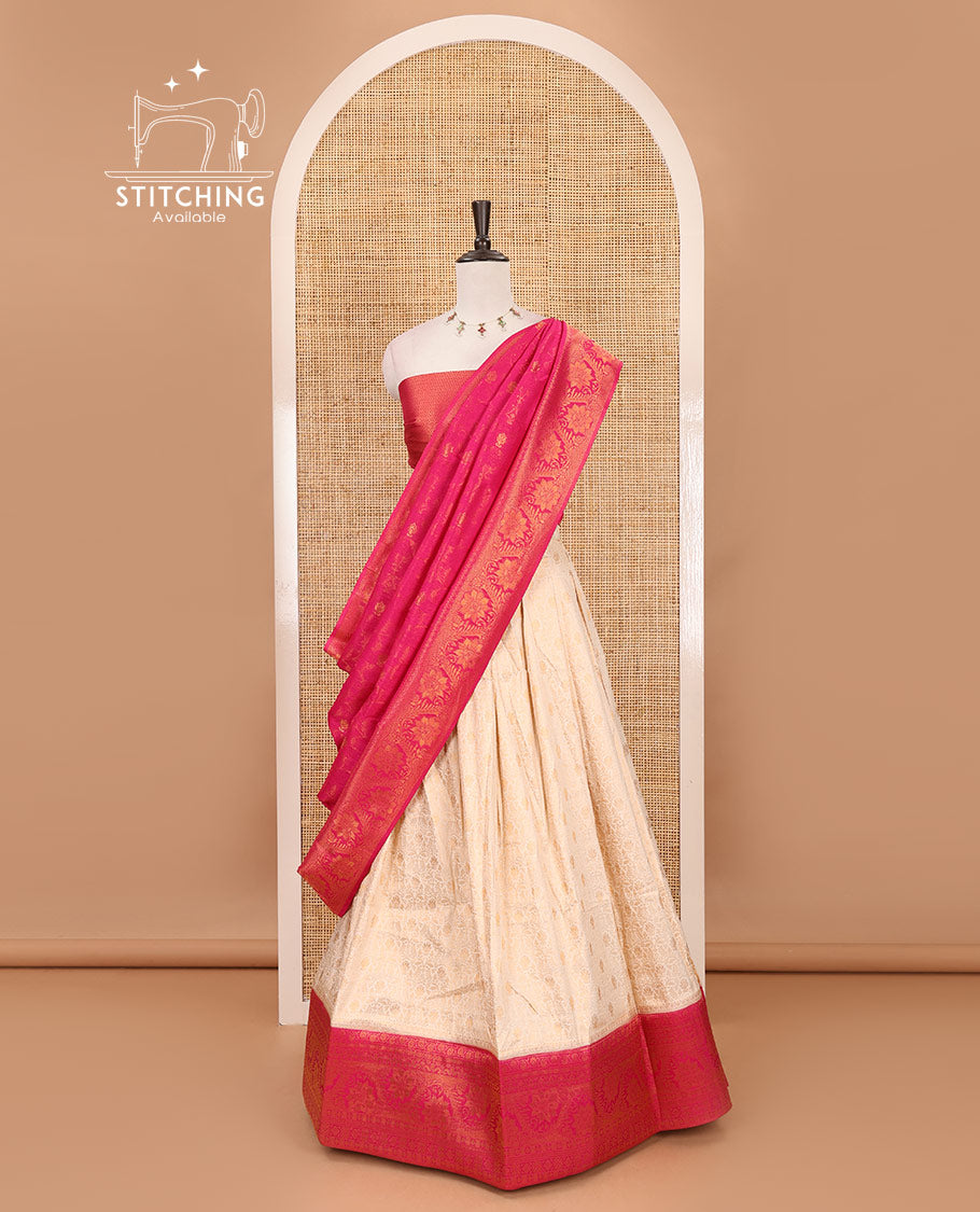 Cream-rani pink half-saree, zari jacquard & contrast traditional zari border banaras softy skirt, semi-banaras jacquard blouse & contrast zari design blouse