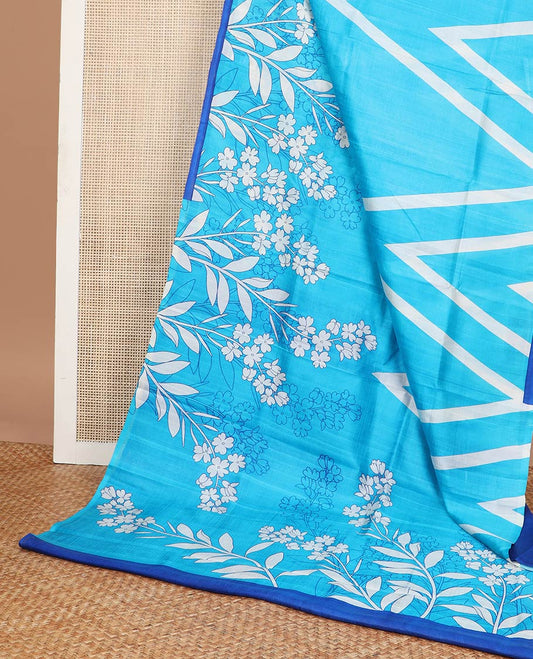 Sky blue floral, geometric design printed silk saree with contrast border