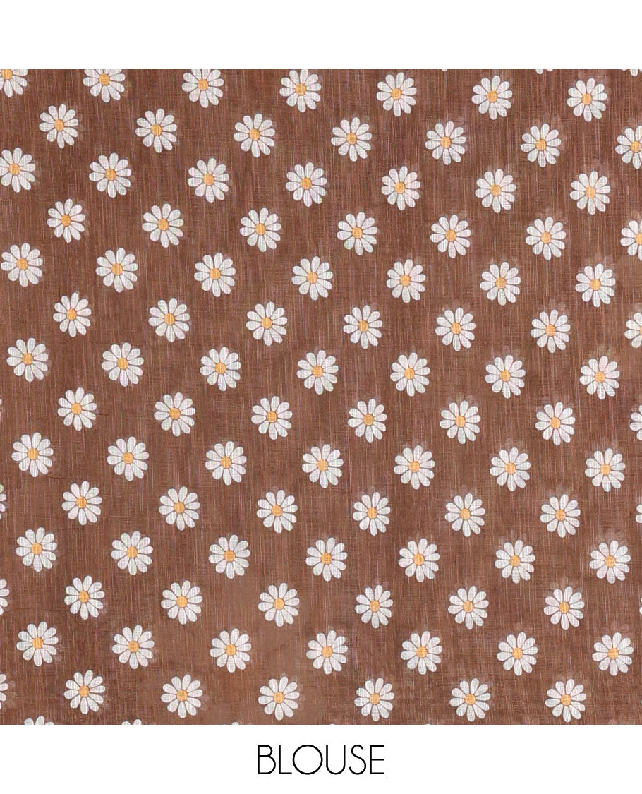 Borderless white-Brown 2D-style daisy floral printed linen cotton saree, daisy floral printed pallu, and daisy floral printed blouse
