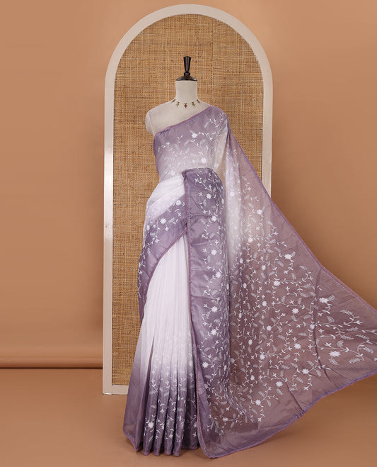 White-lavender color 2D-style print & floral vine chikankari embroidered kota check saree, lace border & plain blouse