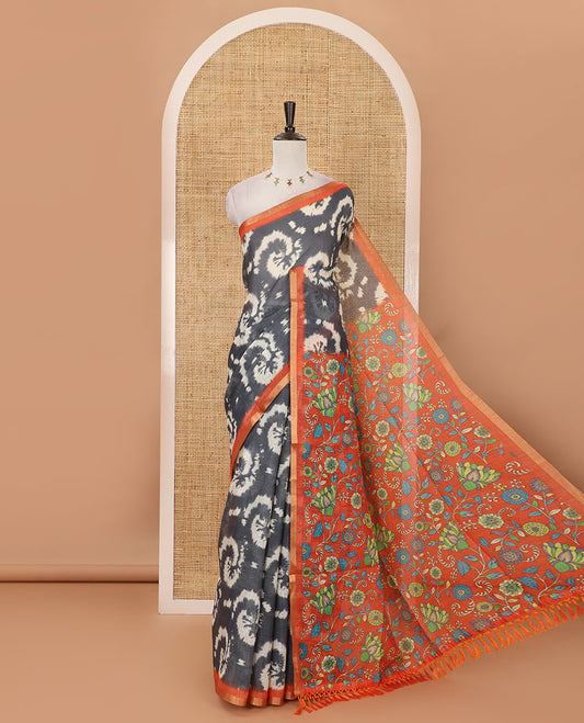 Grey shibori-style printed linen cotton saree, contrast zari piping border, kamlamkari floral printed pallu & contrast printed blouse