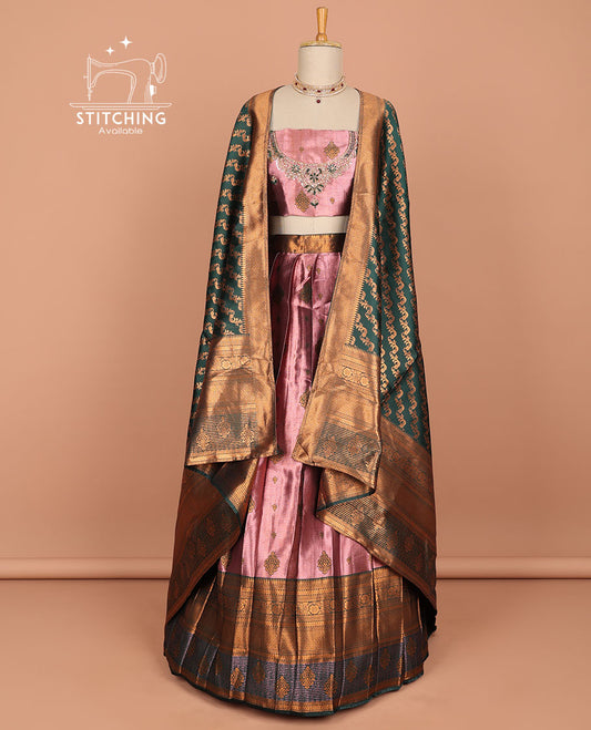 Pink floral buttas art silk half saree with contrast traditional design border, floral embroidery & striped zari design dhavani
