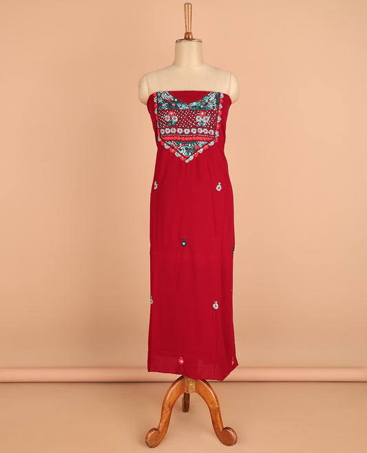 Red chudidhar material challa flower print georgette top with santoon material pants & challa work dupatta