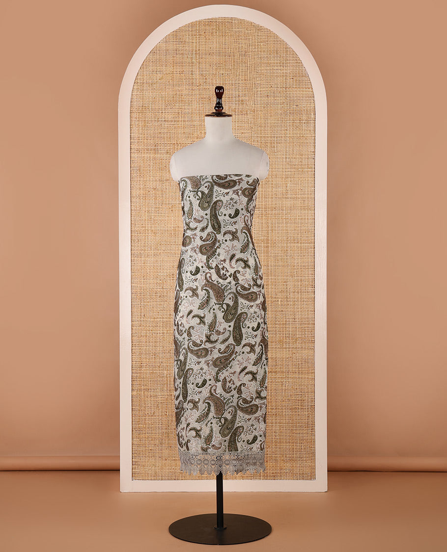 Green chudidar material set, paisley brasso printed, Swarovski stone work & Daman design crochet lace work, georgette top, paisley print & Swarovski stone work dupatta & plain Santoon pants
