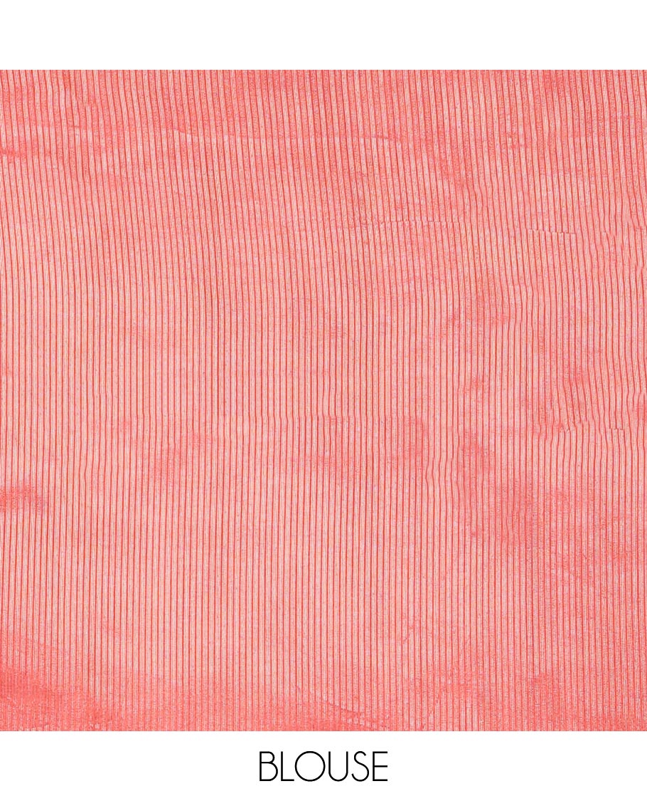 Rust Striped Semi-Tussar Silk Saree, Adorned with Vertical Zari Stripes on Its Body, Subtle Zari Border, a Subtle Pallu, and Paired with a Contrast Striped Blouse