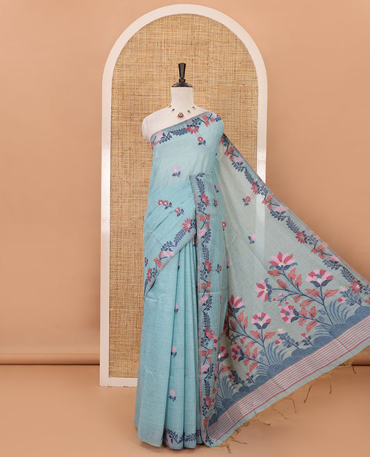 Blue meena buttas woven linen saree, jamdhani-style floral design woven border, floral design pallu & contrast zari butta blouse