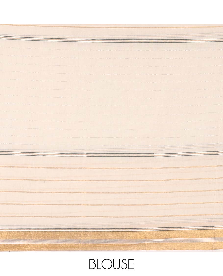 Cream Khadi Mul Cotton Saree, Woven with Horizontal Stripes On Its Body, Subtle Zari Border, Stripes Pallu, and Paired with a Matching Blouse