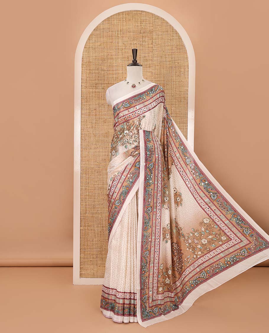 Cream-base Red-base floral bandhani-theme printed & real mirror embroidery masakali saree, self-border, printed mirror work pallu & matching blouse