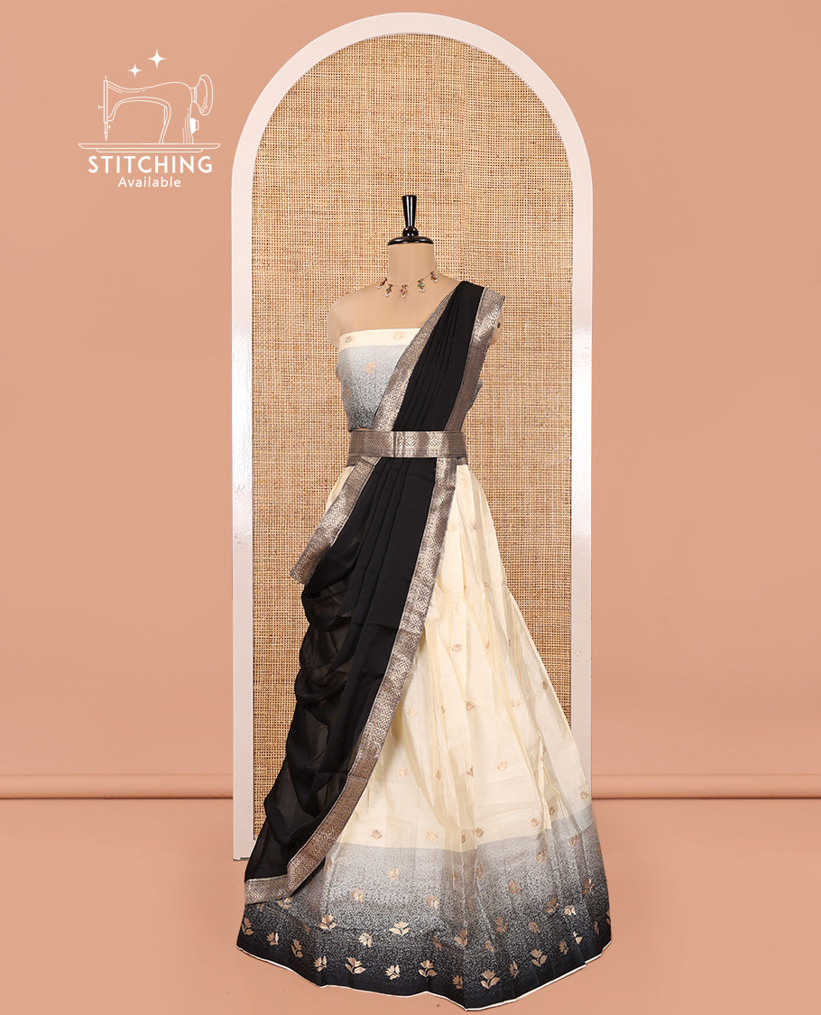 Cream-Black Semi-Silk Half-Saree Featuring Buttas Skirt, Contrast Floral Border, Matching Blouse, Contrast Syska Georgette Dhavani