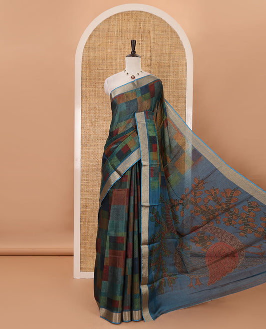 Peacock green-base multi-color abstract printed black spun linen saree, zari piping border, Madhubani printed pallu & printed blouse