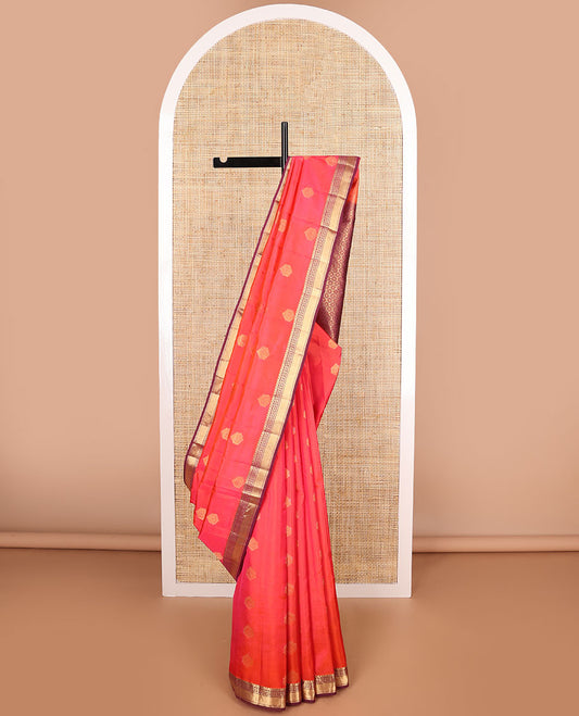 Peach floral buttas vasundhara elite silk saree with contrast zari design border & floral jaal design pallu