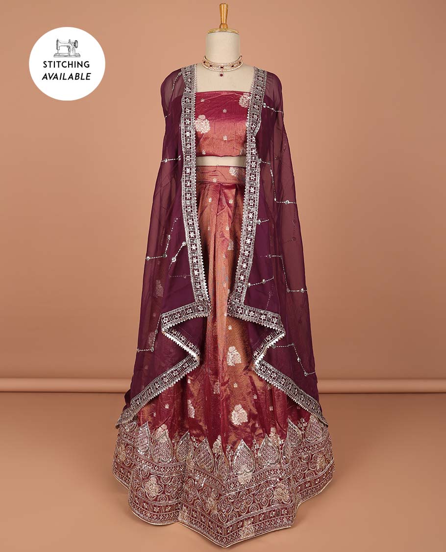 Brown floral stone embroidered half saree contrast stone embroidered border , zari design blouse & intricate stone embroidery dhavani