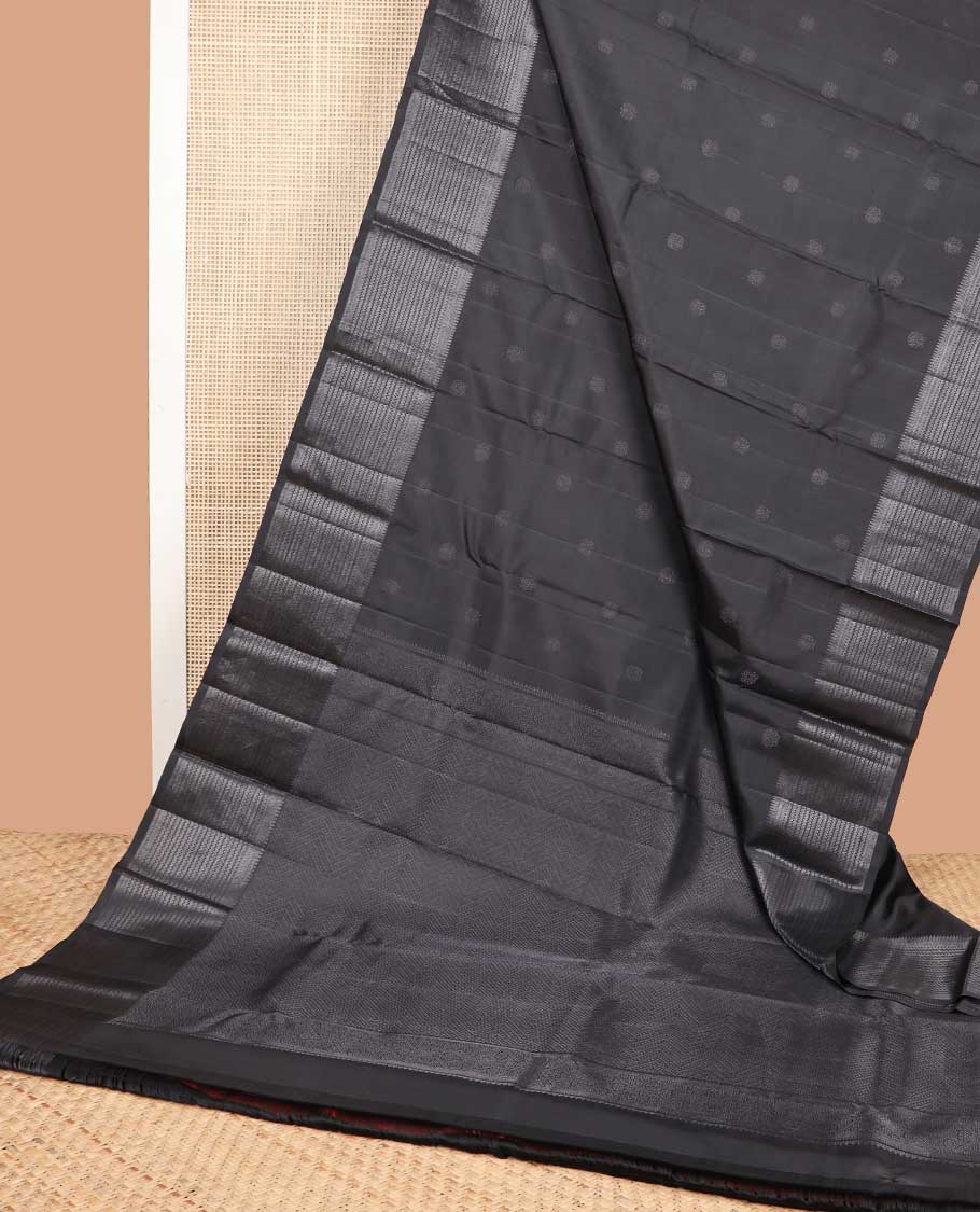 Black buttas kancheepuram silk saree with self border of thilakam mokku, muthu, banaras design & zari design pallu