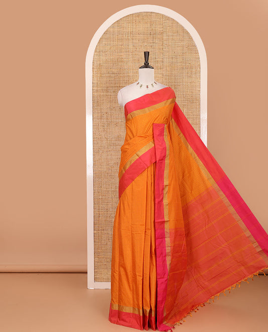 Yellow plus thread buttas semi-soft saree, contrast zari satin border, striped pallu & contrast plain blouse