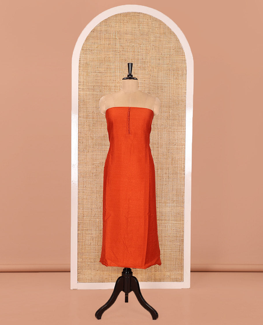 Orange Material Churidar Set, Bedecked up with Plain Vichitra Silk Top, Comes with a Plain Santoon Bottom, and Is Paired with a Crushed Chiffon Dupatta of Floral Print and Mirror Work