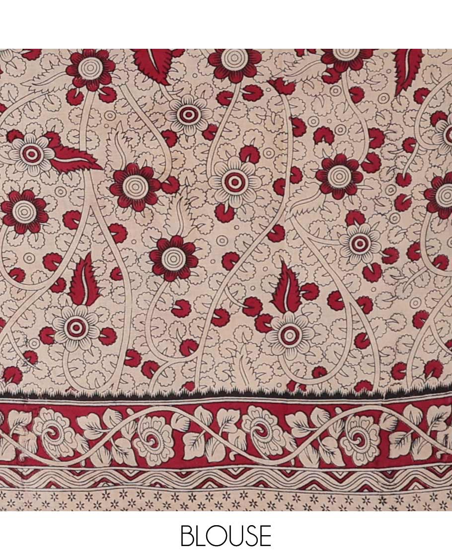 Green intricate design machine printed kalamkari cotton saree with contrast border&human inspried design pallu