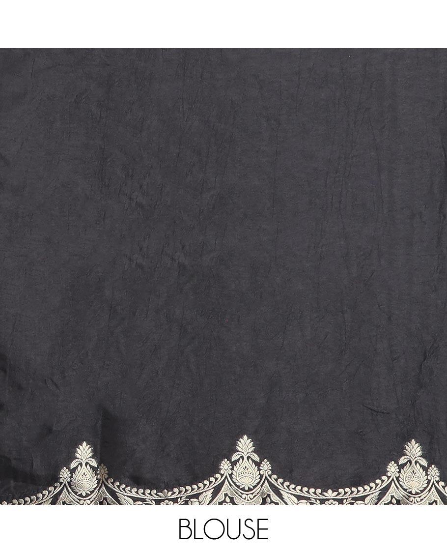 Black floral motifs semi-banaras dola silk saree with scallop border & peacock design pallu