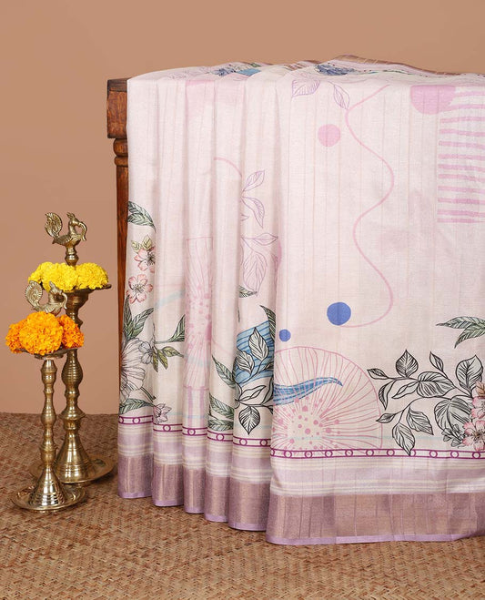 lavender digital print, kadi print tussar silk saree with bhavanji border & floral printed pallu along with plain blouse