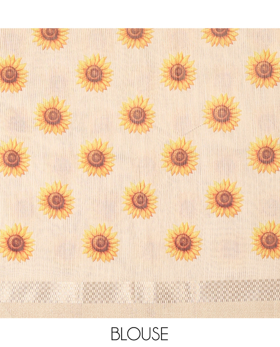 Gold Tissue Linen Saree Features Sunflower Print, a Zari Border, and a Matching Blouse