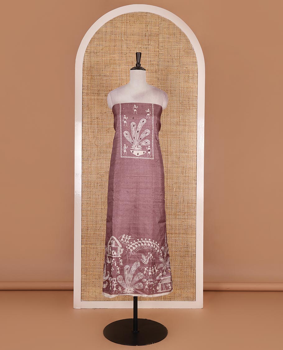 Onion pink material churidar set, warli tribe village theme print with mirror work semi-tussar top, plain bottom, and warli tribe village theme print semi-tussar dupatta