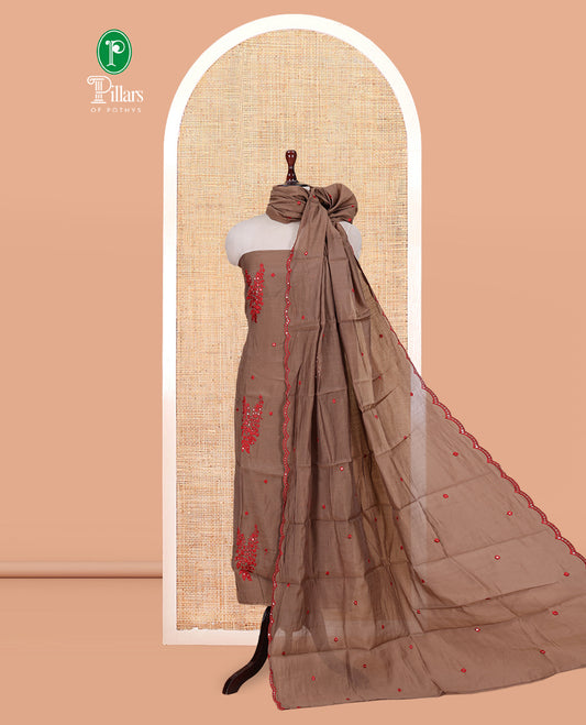 Brown-Red Mul Chanderi Material Churidar Features Floral Embroidered Top, a Matching Bottom, and an Embroidered Scallop Dupatta