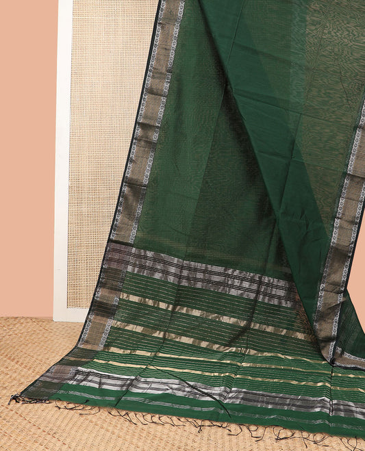 Green maheshwari cotton saree with contrast  floral zari design border & striped pallu