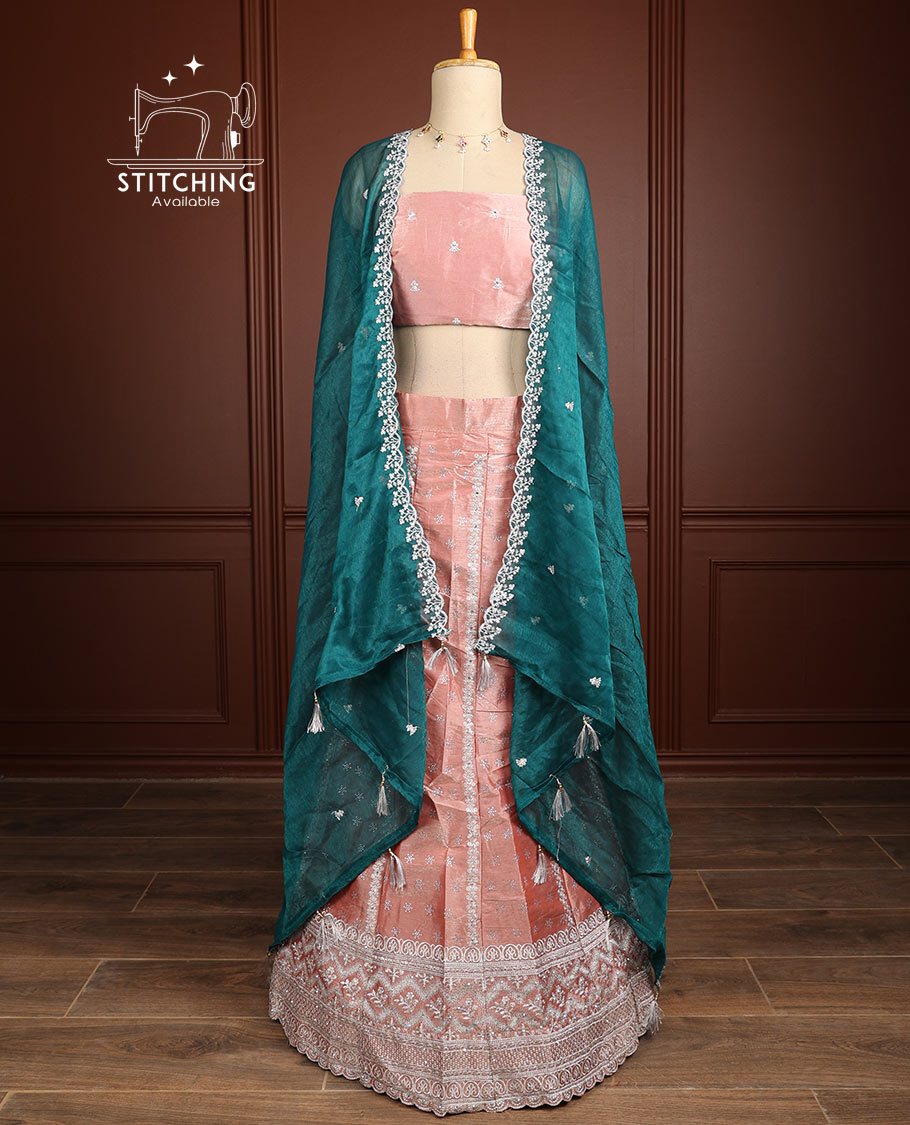 Peach floral embroidery half saree with self embroidery border, floral embroidery blouse & floral embroidery dhavani
