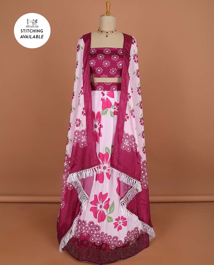Light pink floral design half saree with contrast border, floral design blouse & floral design dhavani