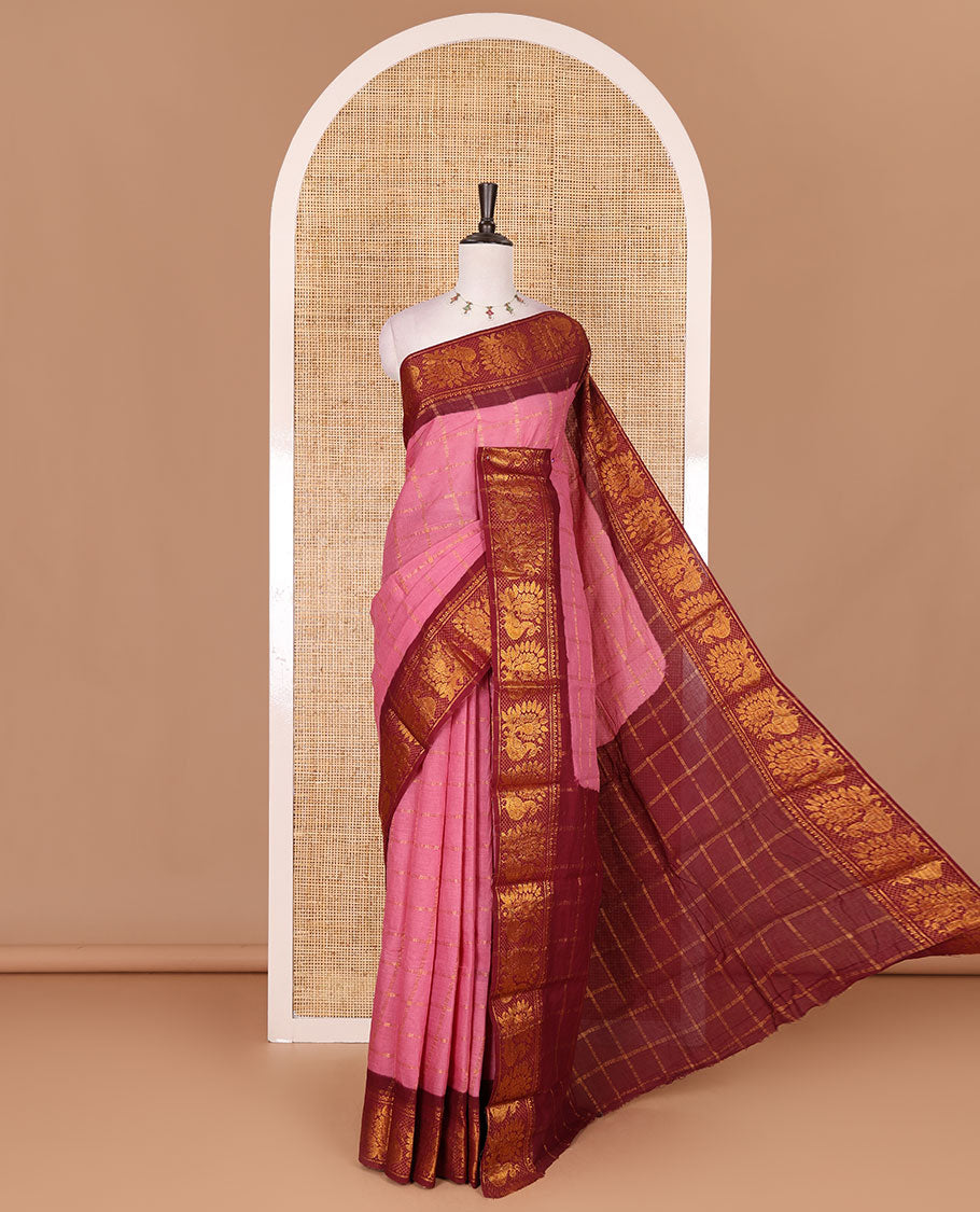 Pink and maroon zari checked Sungudi cotton saree, contrast peacock motifs zari border, checked pallu, and contrast checked blouse