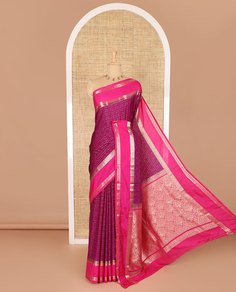 Violet maze geometric-patterned semi-mysore silk saree, contrast rettai pettu traditional zari border, intricate pallu, and a contrast geometric-patterned zari-bordered blouse