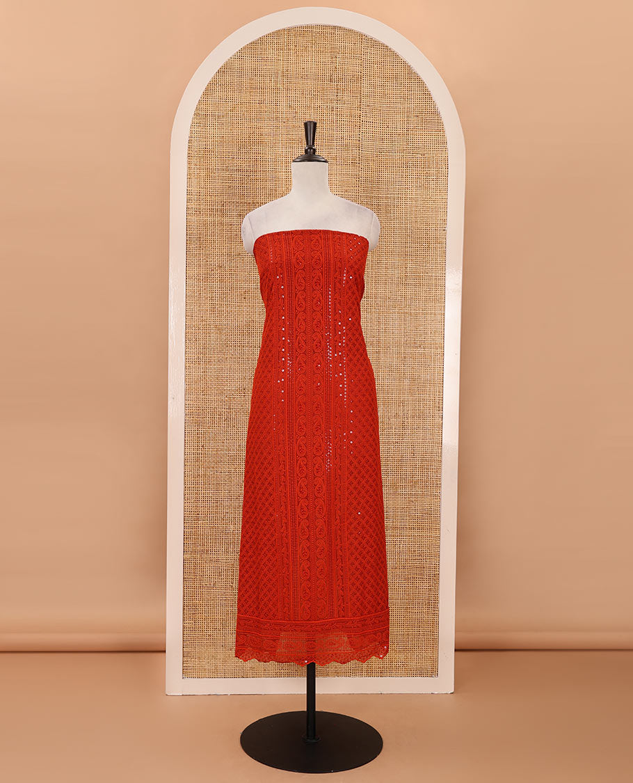 Red material chudidar set,  floral, paisley & geometric schiffli embroidered georgette top & orginal mirror embroidered georgette dupatta
