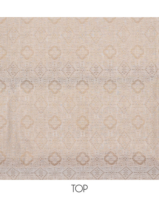 Cream chudidhar material set, geometric design top, green plain bottom & floral zari design dupatta