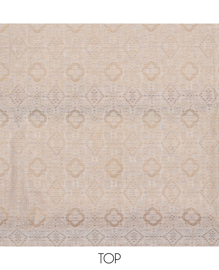 Cream chudidhar material set, geometric design top, green plain bottom & floral zari design dupatta